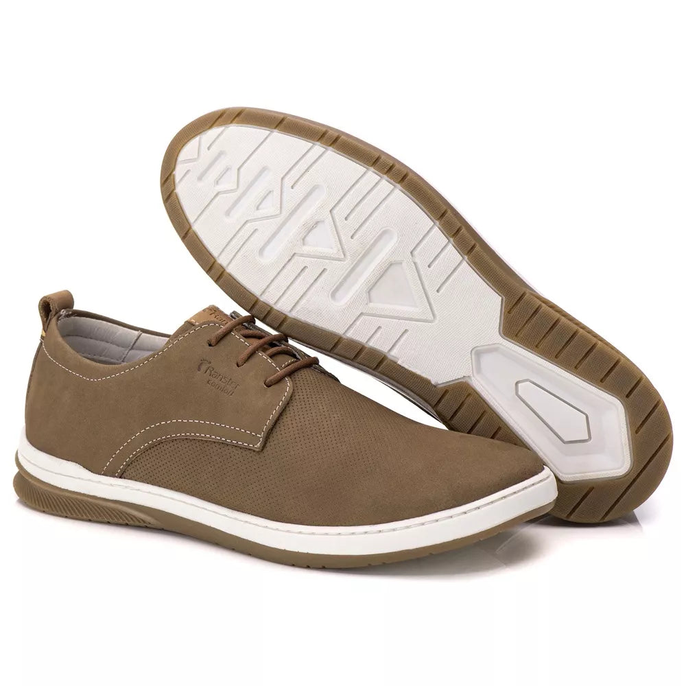 Sapatenis Oxford  Comfort 100% Couro  Palmilha Ultra Gel Cinza - Taupe