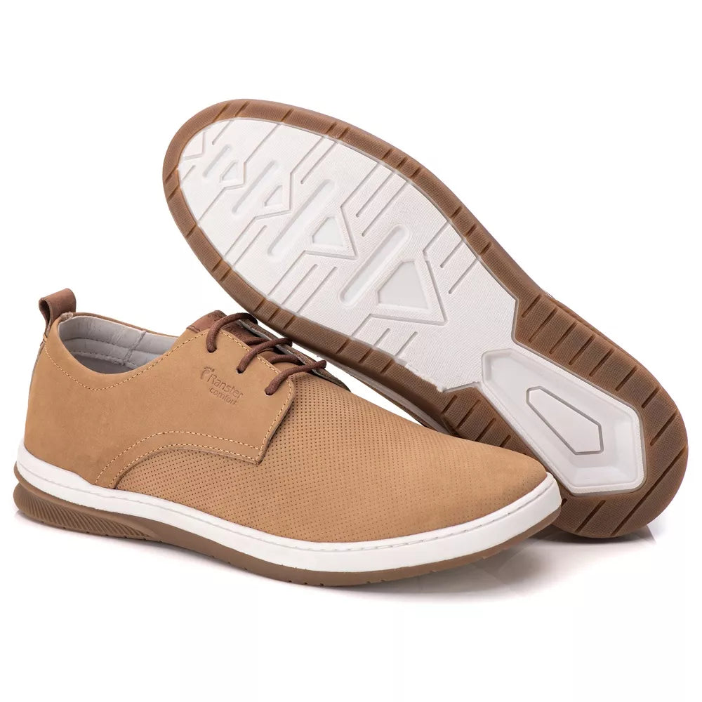 Sapatenis Oxford  Comfort 100% Couro  Palmilha Ultra Gel Areia