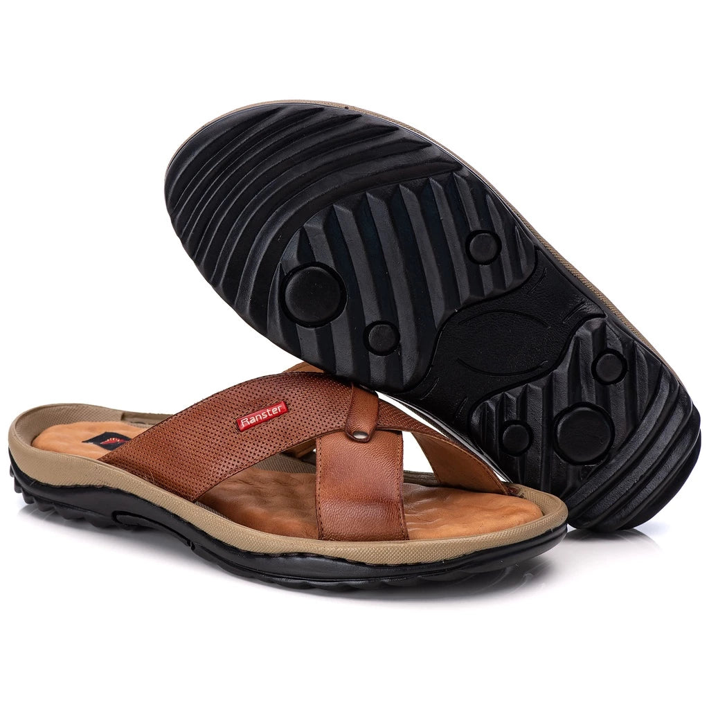 Chinelo Masculino Anti Stress Couro Legitimo Confortável Palmilha em Gel